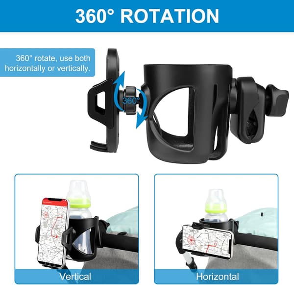 Universal koppholder med telefonholder/feste, 2-i-1 barnevognkopp