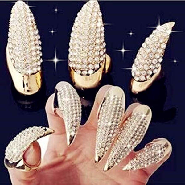 10 Pak Ring Claw (Guld) - Halloween Kostume Legering Rhinestone