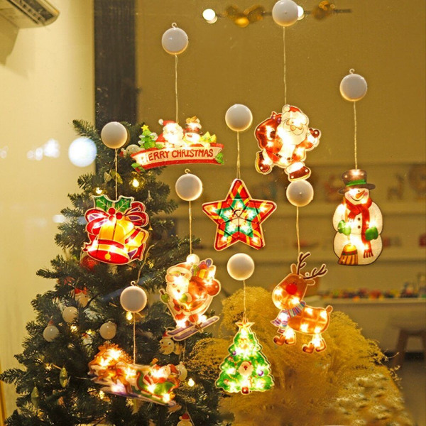 Jul Fönsterhängande LED-ljus Xmas Ornament Sugkopp Batt