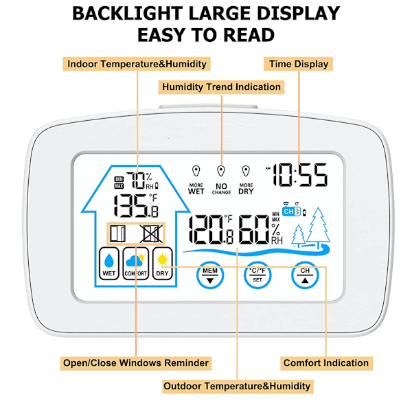 (Hvit) Værsentral Stor LCD Digital Termometer Hygrometer I