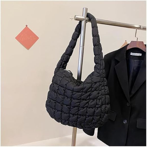 Kvinder Puffer Taske Quiltet Dun Bomuldsfyld Skuldertaske Stor Puffy Tote Taske Vinter Crossbody Håndtaske（SORT）