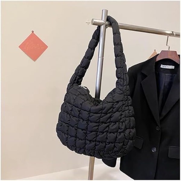 Kvinners puffer bag quiltet dun bomullsfyll skulderbag stor puffy tote bag vinter crossbody håndveske（SVART）