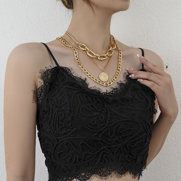 Guldlagerat Hänge Lång Halsband, 3-lagers Choker Halsband Kedja