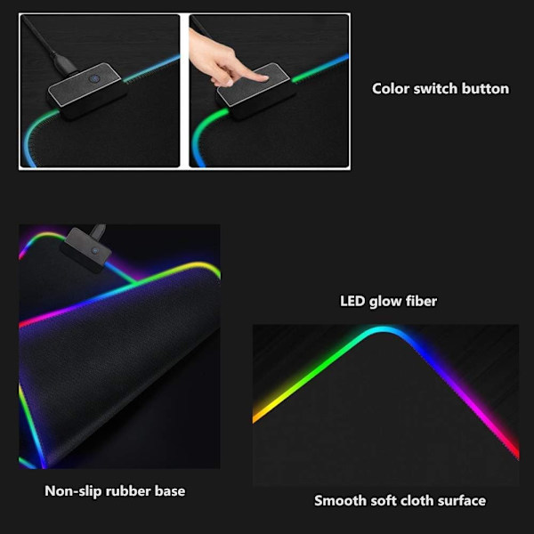 RGB Gaming Mousepad, LED-belyst Mousepad, Skridsikker Overflade til