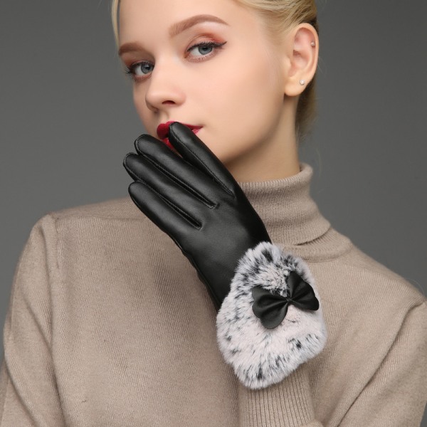 Plush Bowknot Läderhandskar för Kvinnors Vinterridning, Tjocka