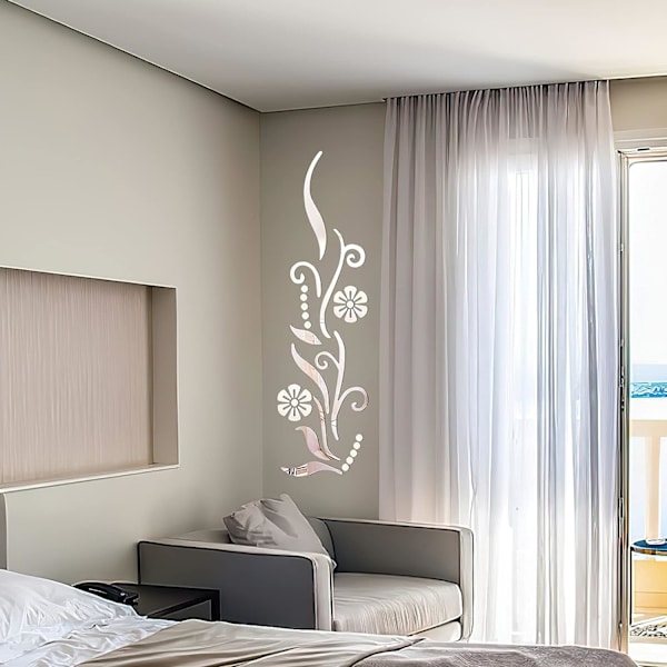 3D Blomster Spegel Väggdekal Silver för Sovrum Vardagsrum Soffa