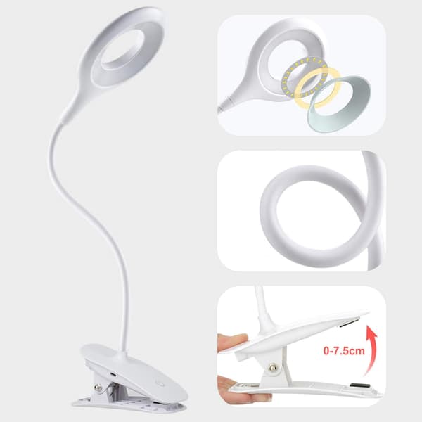 LED Bordlampe, USB Genopladelig Klips-Læselampe, 3 Lystilstande