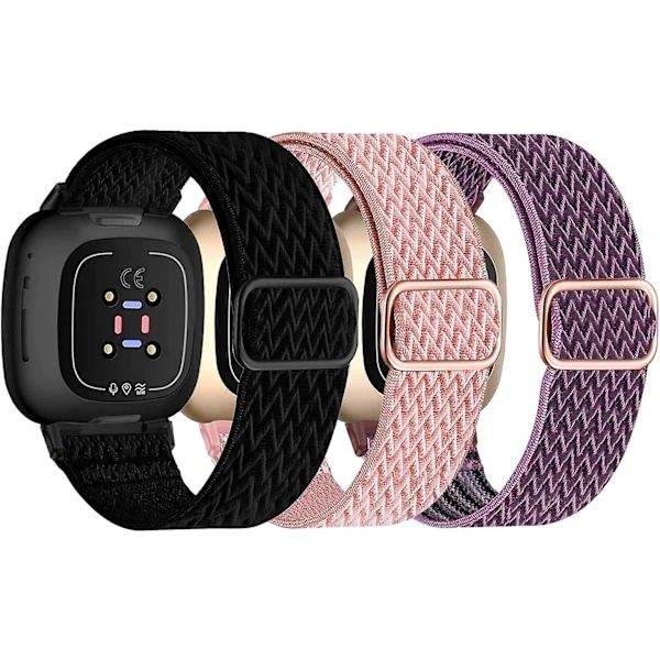 Elastiska nylonband kompatibla med Fitbit Versa 4/Versa 3/Sense 2/Sense - 3-pack