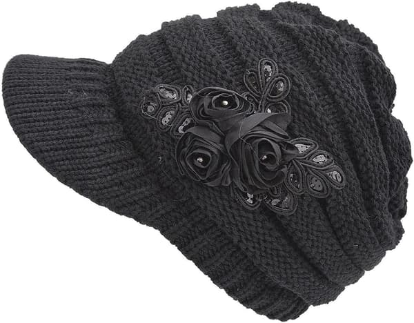Dames Vinterhue Blomst Dekoration Hæklet Strik Beanie Visor