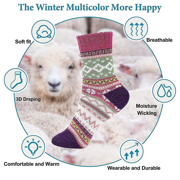 5 stk Vintersokker for kvinner Fargerike varme strikkede sokker (stil 4)