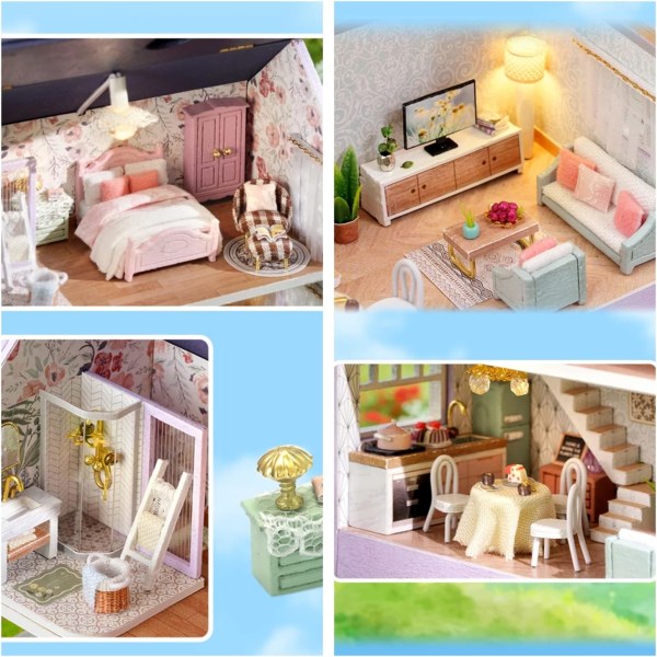 Dockhus Miniatyr med Möbelkit, DIY 3D Trä DIY Hus K