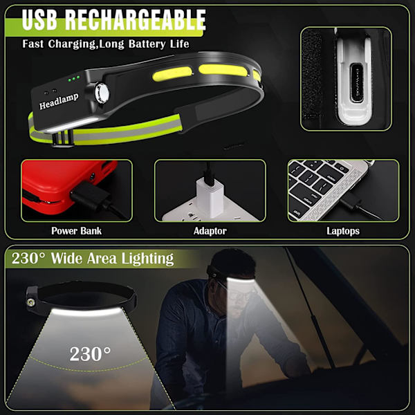 USB-oppladbart LED-hodelykt, kraftig hodelykt, justerbar vinkel