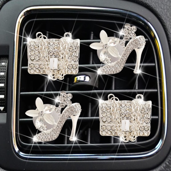 4 Pcs Crystal High Heel Shoe and Bag Car Air Vent Clip, Rhines