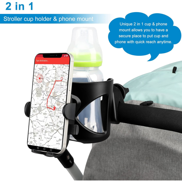 Universal mugghållare med telefonhållare/fäste, 2-i-1 barnvagn