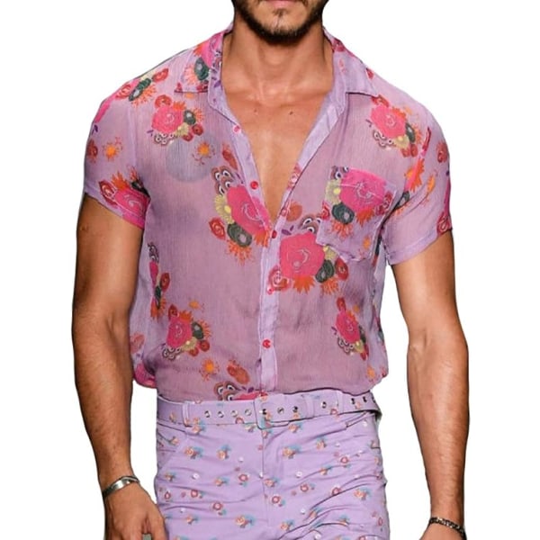 Skjorta med genomskinlig knapp för män Blommig sexig herrtopp (rosa lila, XL)