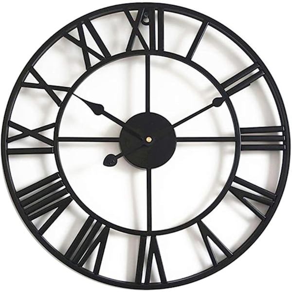 40CM Extra Stor Väggklocka - Modern Svart Metall Romerska Siffror Nästan Tyst Liten Tickande Batteridriven Väggklockor