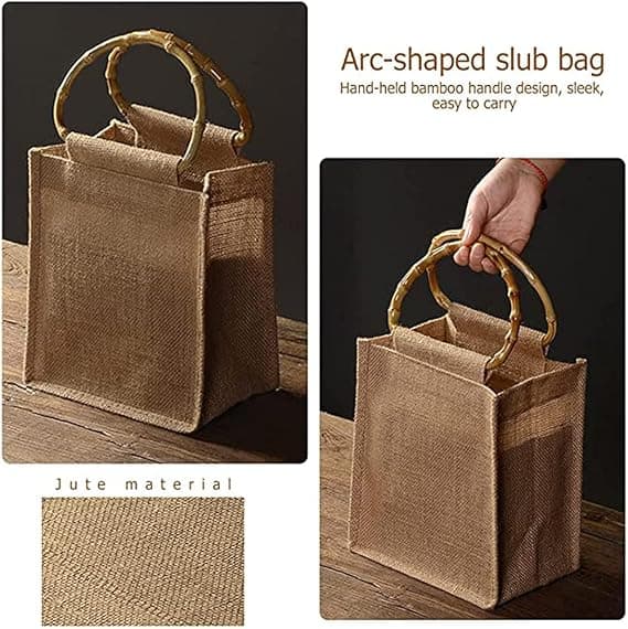 Jute handlepose, strandpose med bambushåndtak, gjenbrukbar jute
