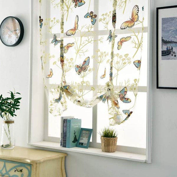 Korte gardin Sheer for vindu med fargerike sommerfuglgreiner Voile