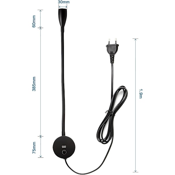 Varmt Hvit 3000K Veggleselamp med USB-Lading