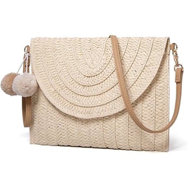 Halm axelväska Halmkoppling Kvinnor Handvävda PomPom Halm Crossbody väska Sommar Strand Kuvert Plånbok（Beige）