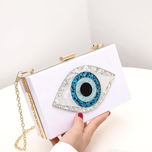 Clutch Purses til kvinder - Evil Eye Acrylic Clutch Glitter Purse Aften Taske Kæde Skulder Crossbody Håndtasker (Hvid)