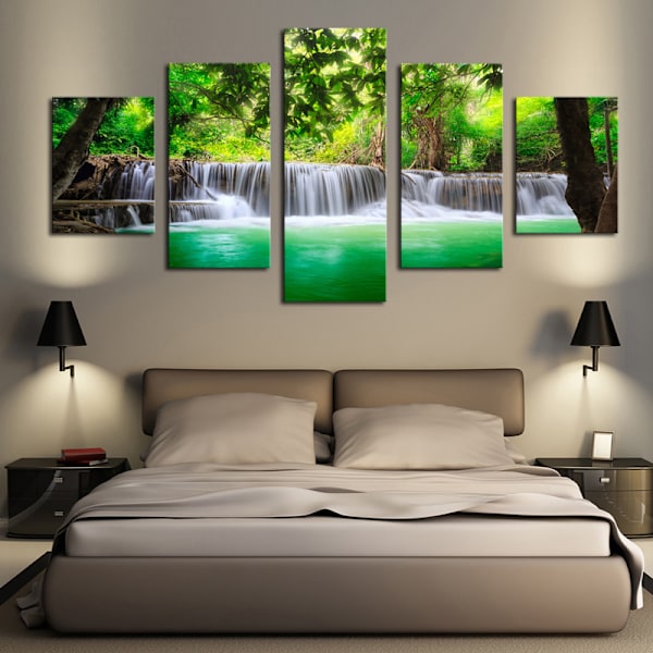 Canvasbilder Heminredning Väggkonst Posters 5 Stycken Grön Vattenfall