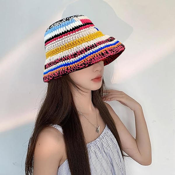 Färgglad Bucket Hat för Kvinnor Män Stickad Hatt Vävande Rand DXGHC