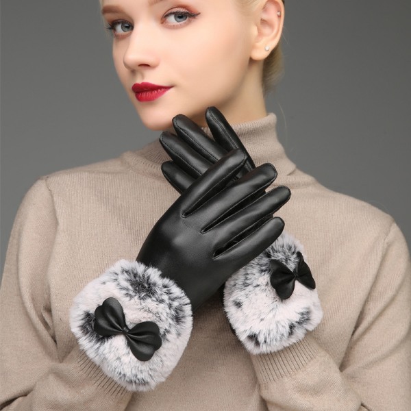 Plysch bowknot läderhandskar för kvinnors vinterridning Thicken