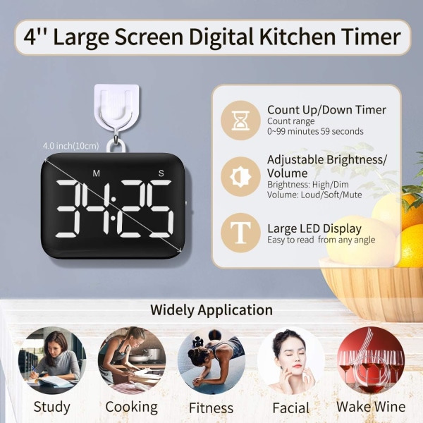 Digital Kitchen Timer 4 Inch Large LED Screen Magnetic Timer with