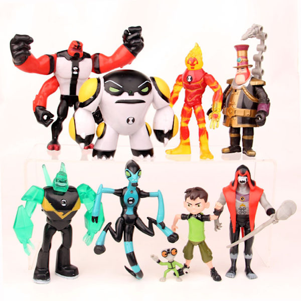 Figurer Basert på Ben 10 Actionfigurer - Sett med 9 Lekefigurer, Ben Tennyson, Four Arms, Grey Matter, Kineceleran, Diamondhead, H