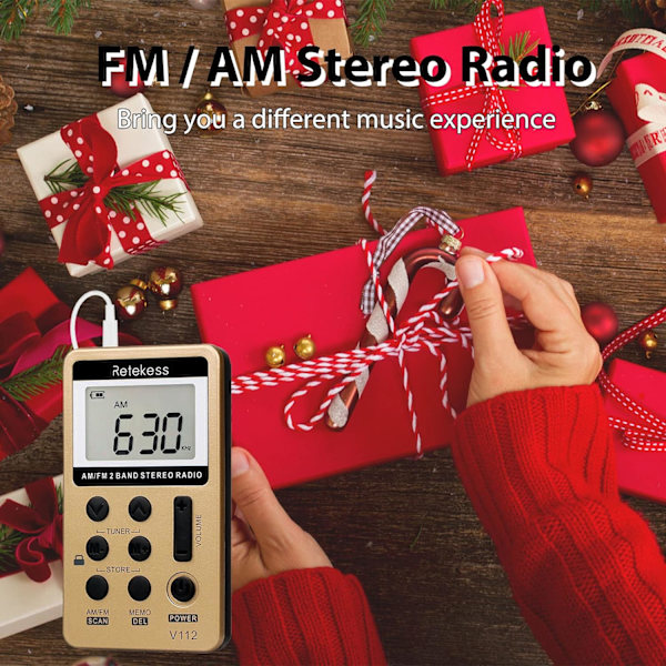 (Guld)V112 Bärbar Miniradio, Uppladdningsbar FM AM-radio, Walkman