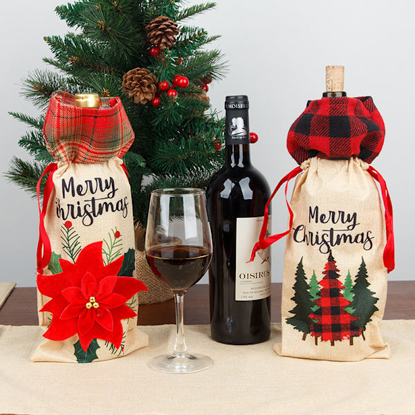 3 stk. Nye Juledekorationer Vin Flaske Sæt Hør Plaid Taske Ho
