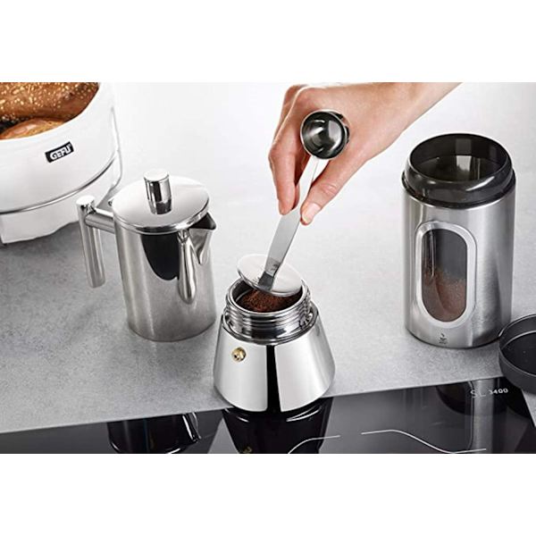 Sølv espressoske og tampende kaffemåleske i rustfrit stål