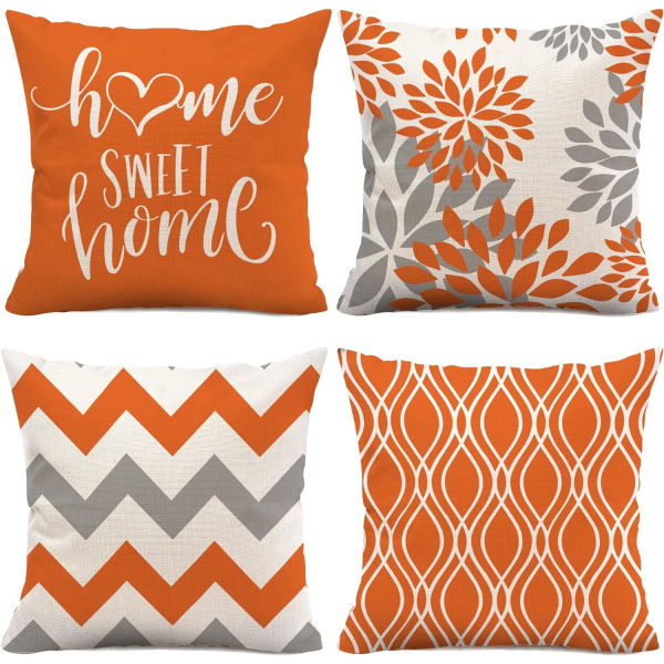 Orange Kuddfodral 18x18 Set om 4, Orange Kuddar Dekorativa för