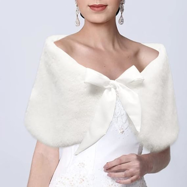 Faux Fur Sjal Shrug Elfenben Kvinners Gave med Sateng Sløyfe, Brudes S