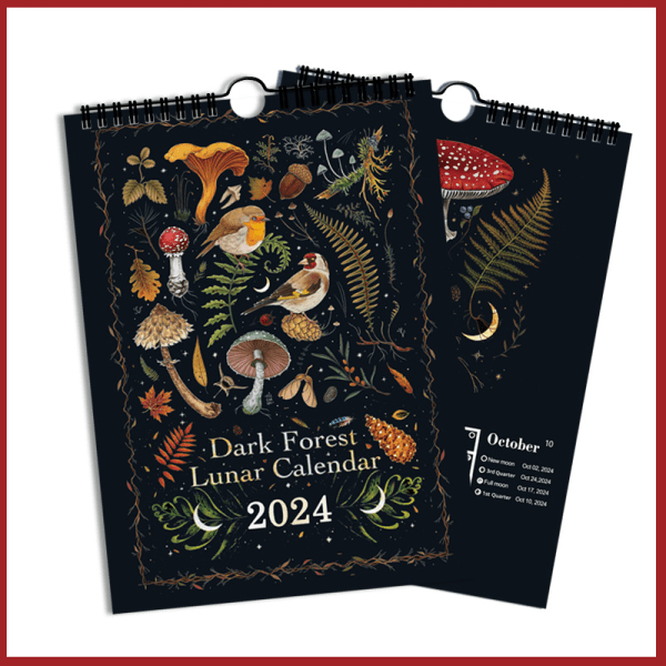 Veggkalender 2024, Dark Forest Lunar Calendar 2024 2025 med 12 måneder, fargerik kontormånefasekalender 2024, svart