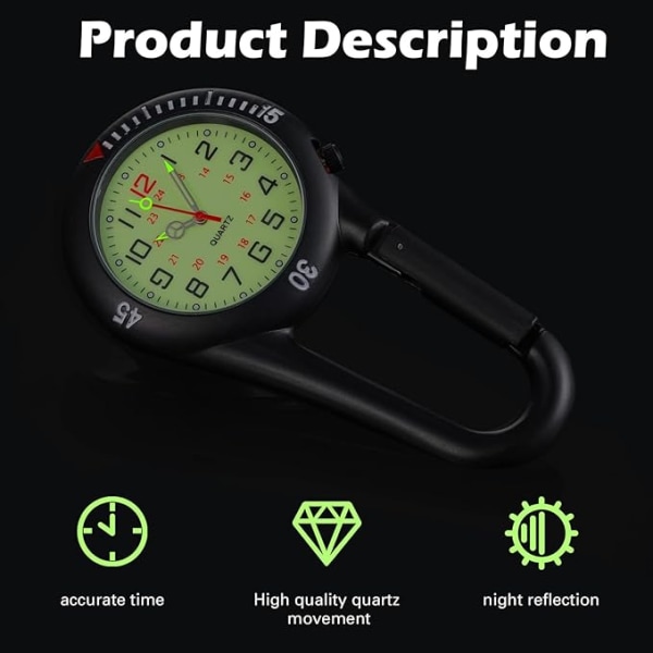 Svart karbinhake FOB Clip On Luminous Face Quartz Watch Pocket Wat