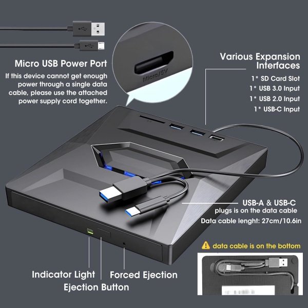 Ekstern CD DVD-drev, 6 i 1 CD/DVD-ROM brænder med USB 3.0/2.0/ USB-C/SD-kortlæser, bærbar CD/DVD ROM +/-RW
