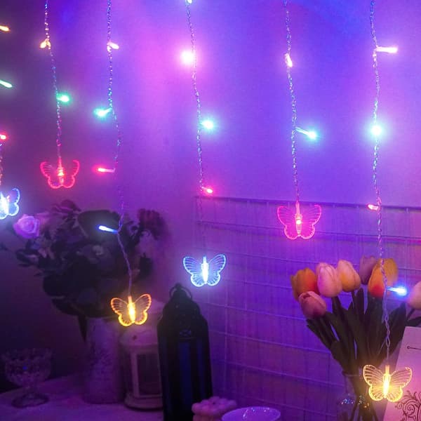 Gardinslynge med sommerfugl-lys 4,5 meter 120 LED USB-lys