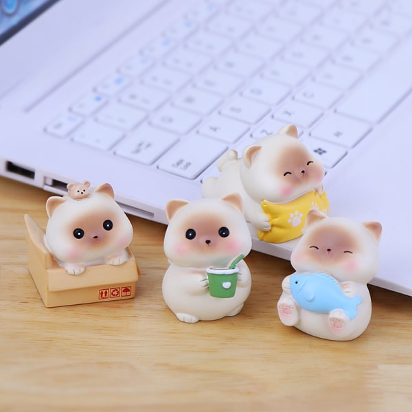 4 søte mini Kitty-pynt Kontor skrivebordsdekorasjoner bilinteriør