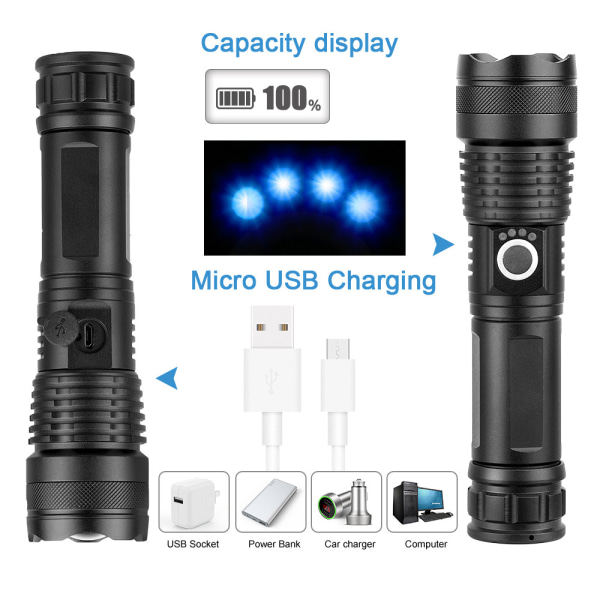 P50 lommelygte genopladelig USB teleskopisk zoom LED lommelygte