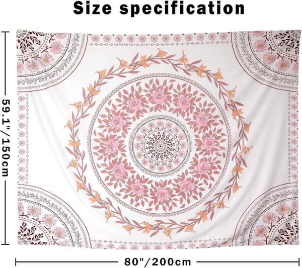 Mandala-veggteppe, Boho-veggteppe, Rosa Blomster