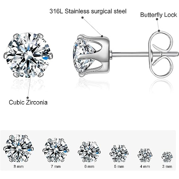 6 Par Stud Øreringe Sæt, Klar Cubic Zirconia 316L Rustfrit Stål