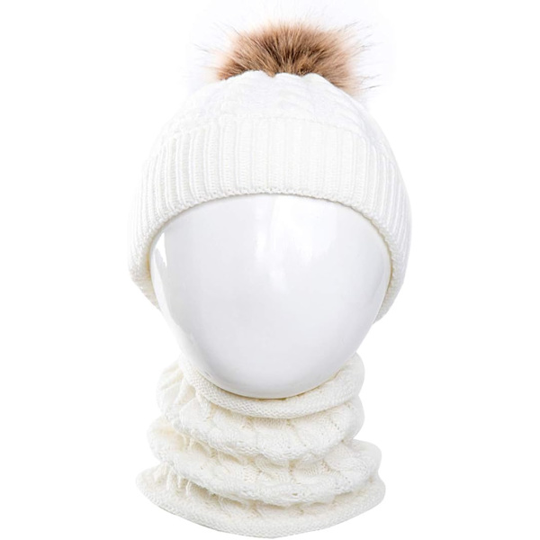2-pack Bebis Stickad Mössa Halsduk Vinter Varm Beanie Med Pompom