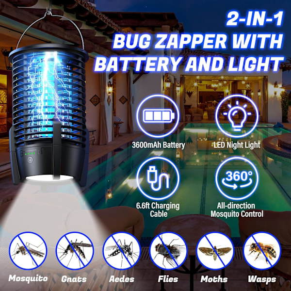 Bug zapper for utendørs bruk, 2000V elektrisk myggzapper med 3600mAh oppladbart batteri og LED-nattlys, trådløs bærbar