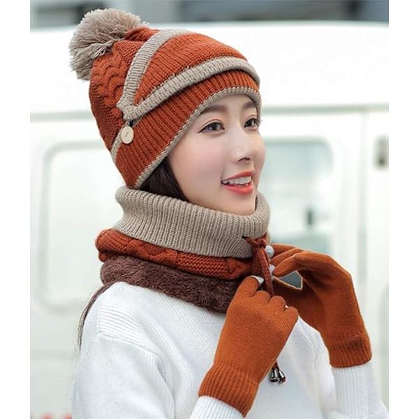 Hatt, hansker, skjerf og ansiktsmaske-sett for kvinner, damer og jenter - Strikket Beanie