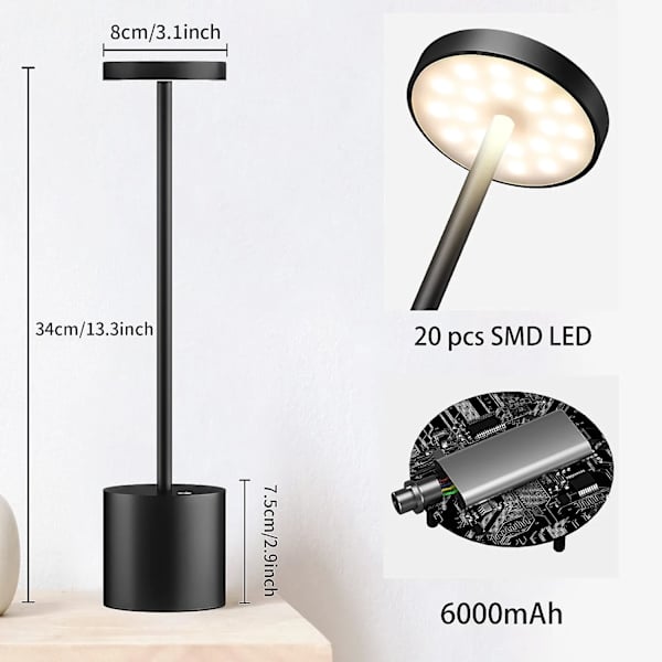 Laddbar Trådlös Bordlampa, 6000mAh Bärbar Batteri för Utomhus