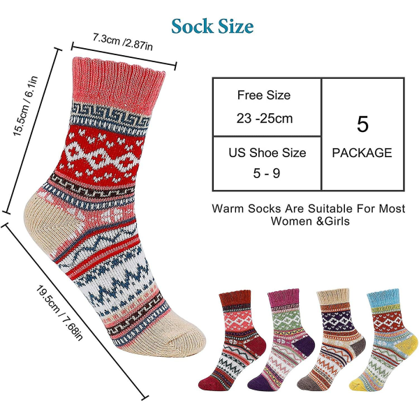 5 stk Dame vintersokker Farverige varme strikkede sokker (Stil 13)