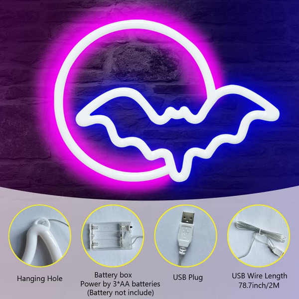 Neon-kyltit, kuu ja lepakko LED-neon-kyltit, seinäneon-kyltit USB/paristot