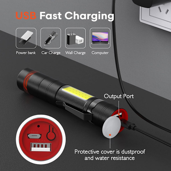 Mini LED Lommelygte 2 stk., Stålclips & COB Lille Lommelygter USB R